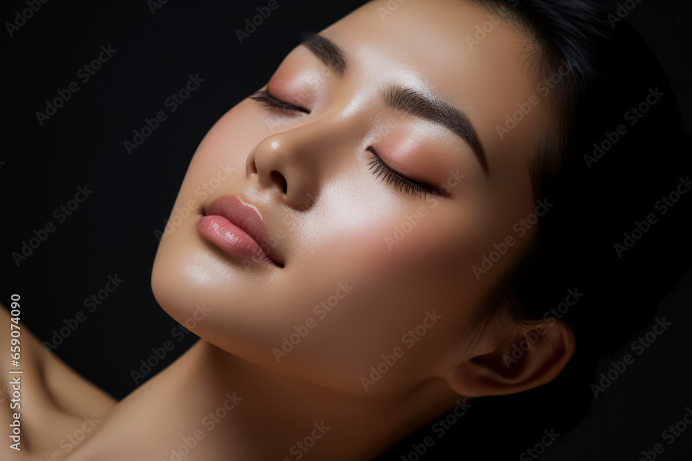 Asian woman applies skin tonic to cheek with closed eyes  - obrazy, fototapety, plakaty 