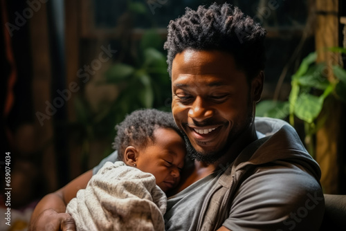 African father cherishing moment with newborn baby in their home 