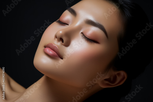 Asian woman applies skin tonic to cheek with closed eyes  photo