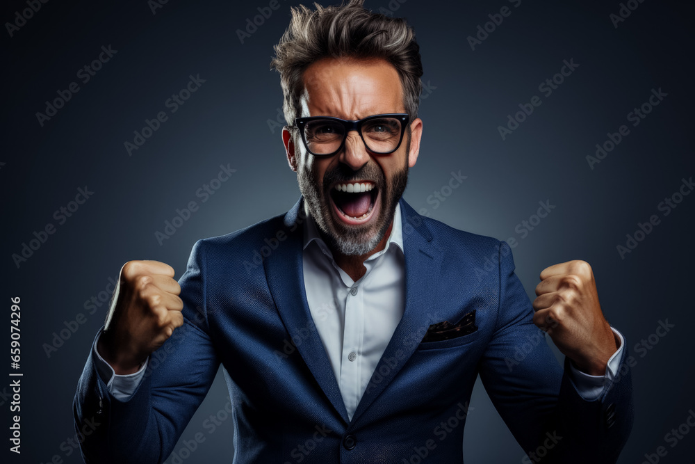 Excited male portrait celebrating success with a triumphant fist Excited male portrait celebrating success with a triumphant fist