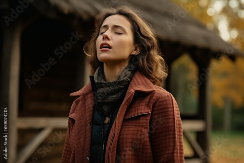 Coughing Caucasian woman in autumn young age  © fotoworld