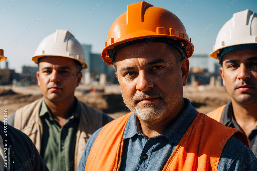 Builder, dressed in an orange vest and white construction helmet on a modern construction background Builder, dressed in an orange vest and white construction helmet on a modern construction background