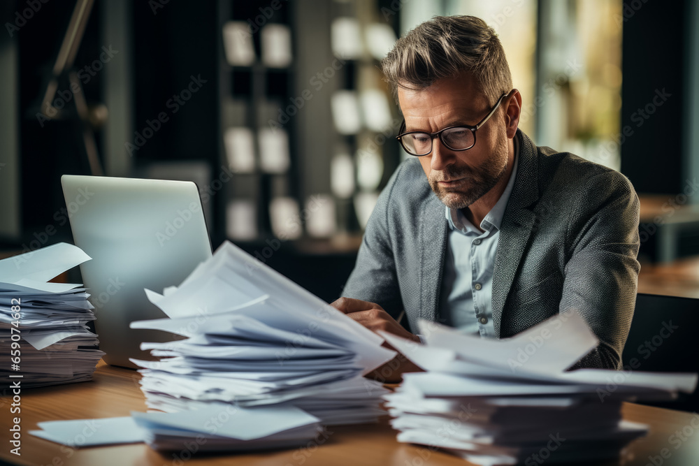 Mature business manager efficiently multitasks on laptop for various tasks Mature business manager efficiently multitasks on laptop for various tasks