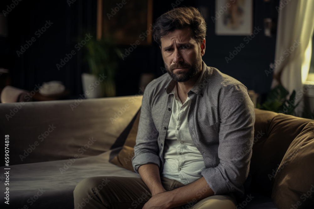 Sad young man on couch at home experiences severe stomach ache Sad young man on couch at home experiences severe stomach ache