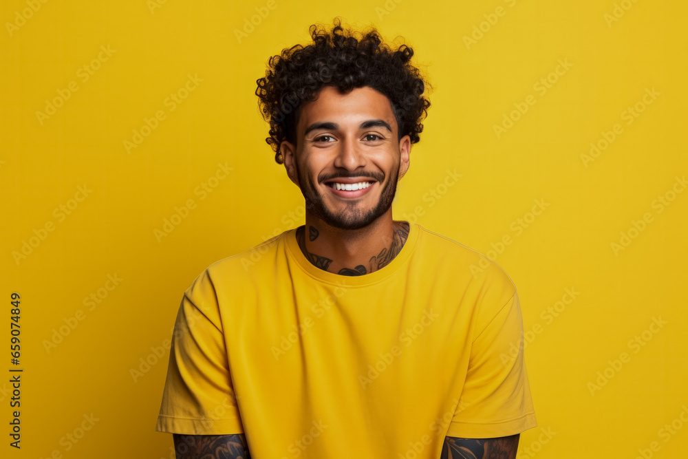 Smiling cheerful young Hispanic man with tattoos crossing fingers being optimistic on yellow background Smiling cheerful young Hispanic man with tattoos crossing fingers being optimistic on yellow background