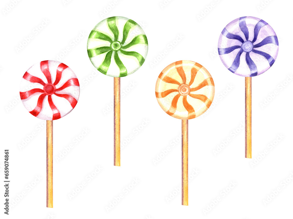 Set of glossy candies, lollipops with red, green, blue, yellow swirl, stripes. Round bonbons on stick, sweet multicolored caramel. Watercolor illustration for decoration, design, templates Set of glossy candies, lollipops with red, green, blue, yellow swirl, stripes. Round bonbons on stick, sweet multicolored caramel. Watercolor illustration for decoration, design, templates