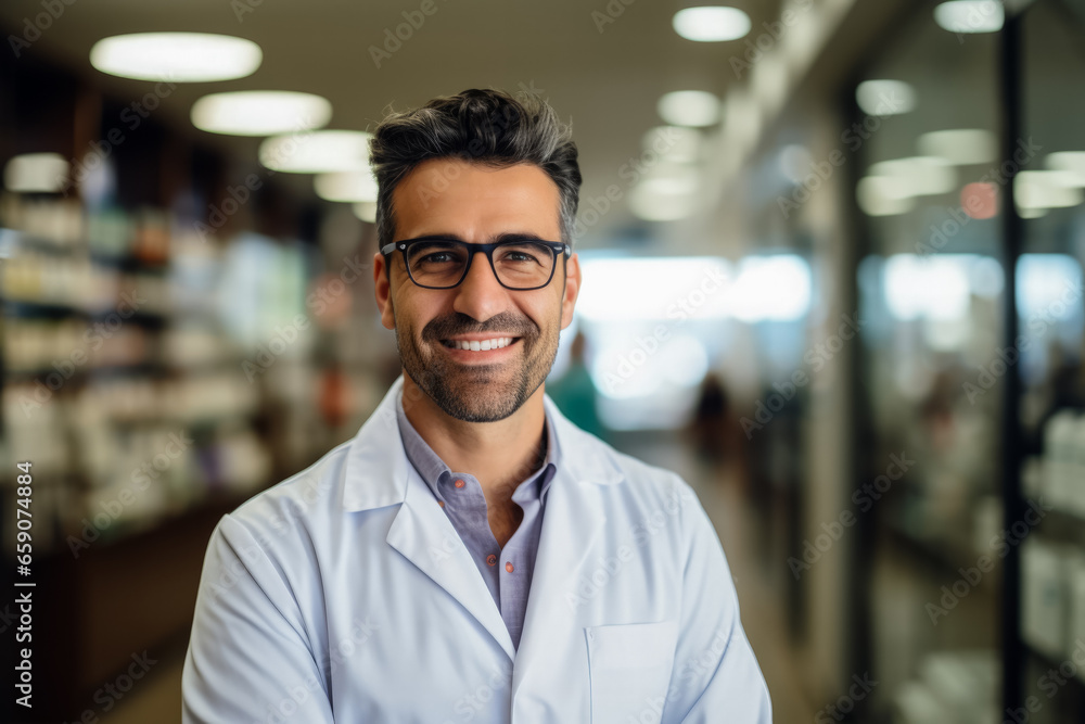 Smiling Male Pharmacist in White Coat Poses for Camera at Pharmacy 