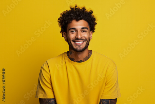 Smiling cheerful young Hispanic man with tattoos crossing fingers being optimistic on yellow background  © fotoworld