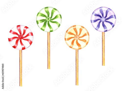 Set of glossy candies, lollipops with red, green, blue, yellow swirl, stripes. Round bonbons on stick, sweet multicolored caramel. Watercolor illustration for decoration, design, templates