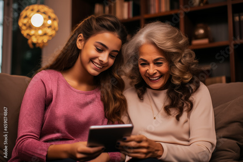 Smiling granddaughter and grandmother with tablet computer on couch at home enjoying family generation technology 