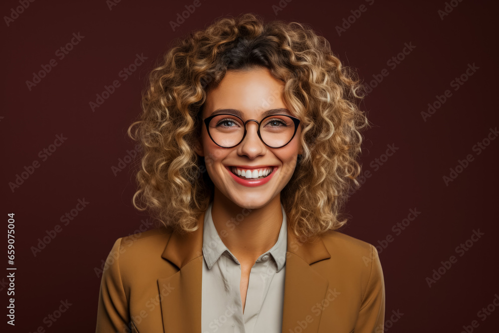 Smiling young blonde woman in business jacket curly hair glasses pointing towards camera 