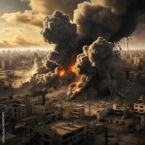 destroyed city shelling explosive war fire smoke deserted city