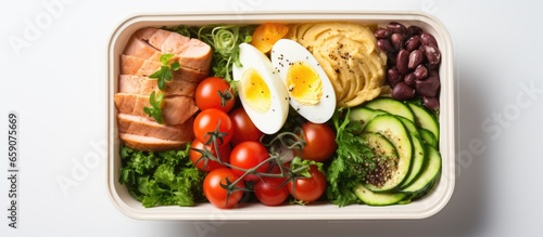 Delivery of fresh organic low carb food Healthy eating fitness nutrition take out in aluminum boxes with cutlery and packaging top down view on white wood