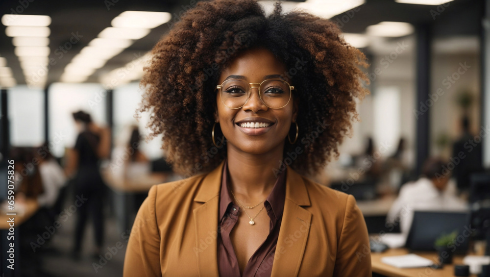 Bella donna africana con capelli ricci in un moderno ufficio con abito elegante