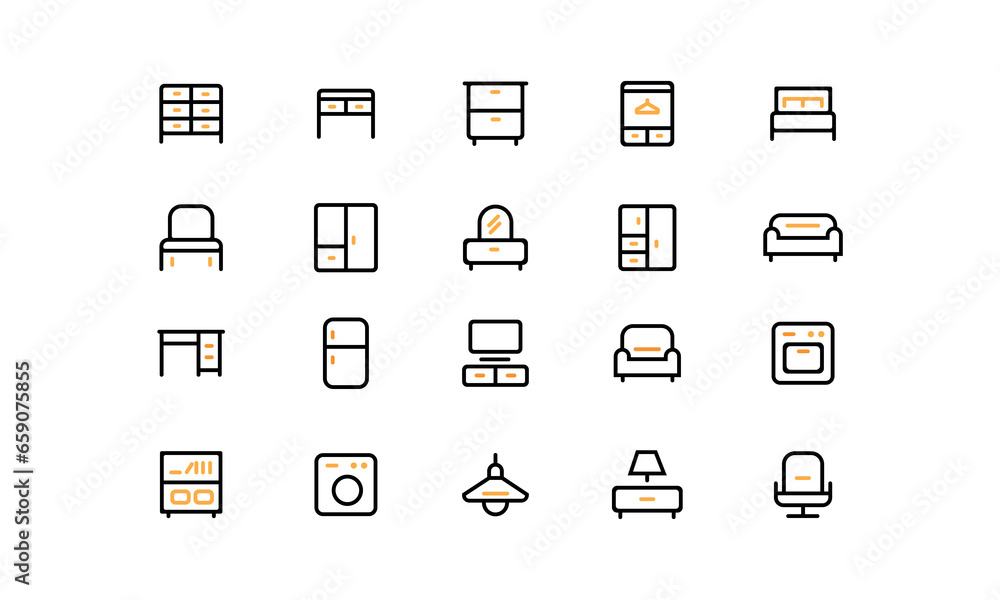 Furniture icon set. Home interior, linear icons. vector black icons with colored inserts on a dark background Furniture icon set. Home interior, linear icons. vector black icons with colored inserts on a dark background