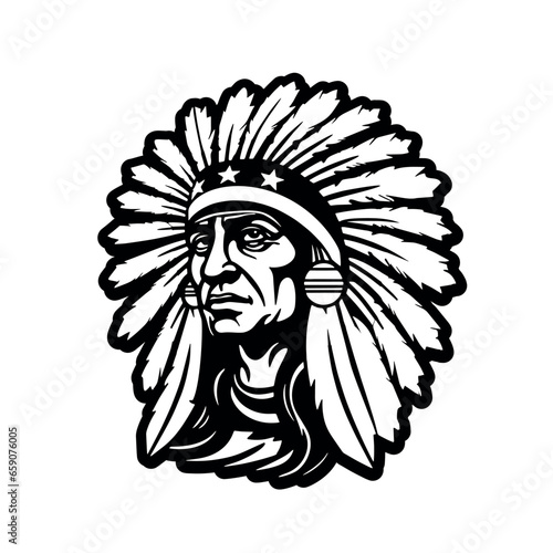 American native chief.vector black and white illustration