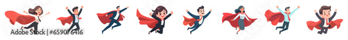 Businesswoman posing at work. Businessman superhero flying. Flat graphic vector illustrations isolated on white background.