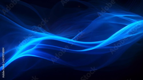 Blue wireframe sound waves, visualization of frequency signals audio wavelengths, conceptual futuristic technology waveform on black background, Generative AI photo