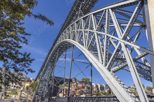 Image of the metal structure of the bridge Ponte Dom Luís in Porto during the day
