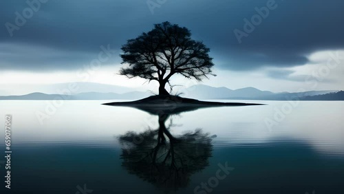 Lone tree, Lake Wanaka, New Zealand, Generative AI photo