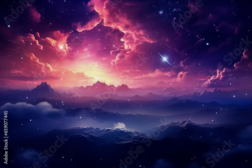 Captivating futuristic background adorned with stars pink clouds and galaxies 