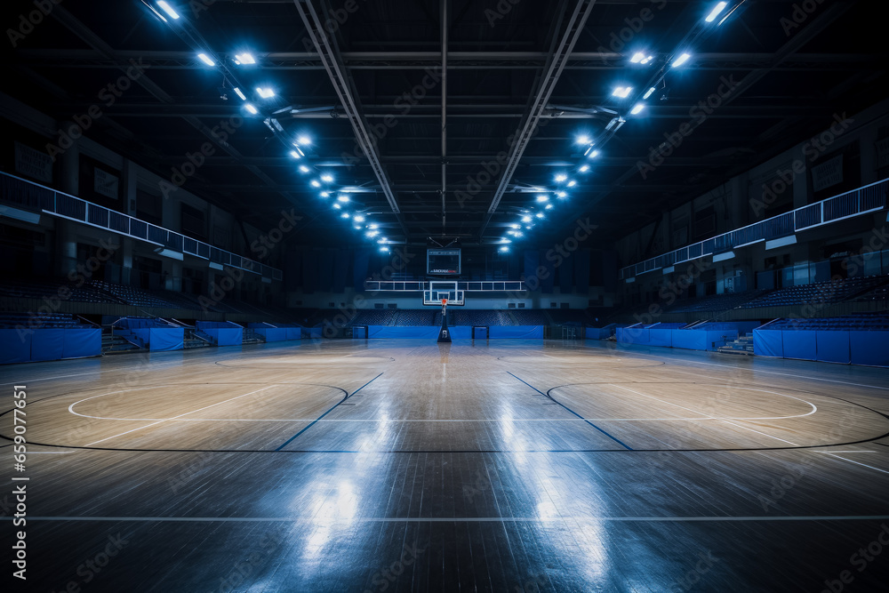 Dramatically lit empty basketball arena view from free throw line 