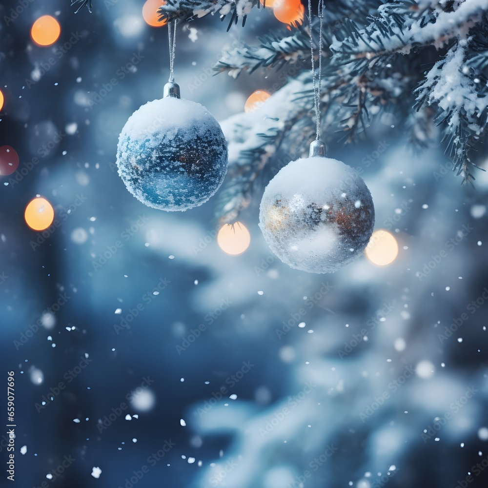 Snow fall on christmas trees in trees with christmas balls Snow fall on christmas trees in trees with christmas balls