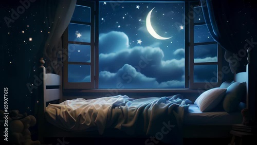 Bed Time Stories, Dreaming, Clouds, Dream, Starry Night Comfort: Cozy Bedroom with Moonlit View, Animation, Generative AI photo