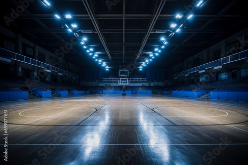 Dramatically lit empty basketball arena view from free throw line  © fotogurmespb