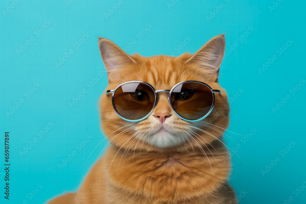 Funny ginger cat wearing sunglasses poses for closeup on cyan background 