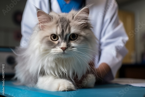 Female veterinarian doctor examines a cat with a stethoscope 