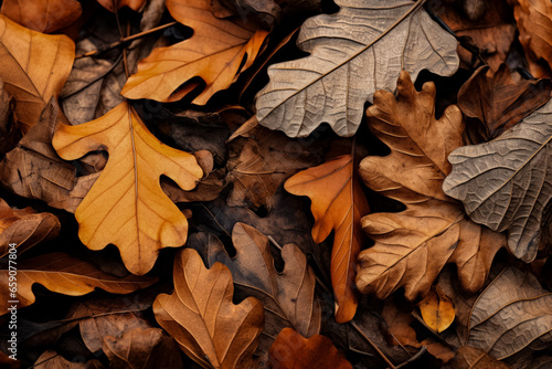 Fallen oak leaves in a close-up view briefly depicted 