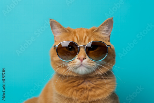 Funny ginger cat wearing sunglasses poses for closeup on cyan background 