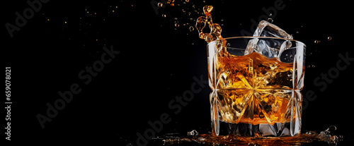 Isolated on black a Glass splashes Whiskey with ice cubes 