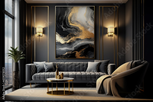 Luxurious black abstract painting with marbled ink and gold swirls 