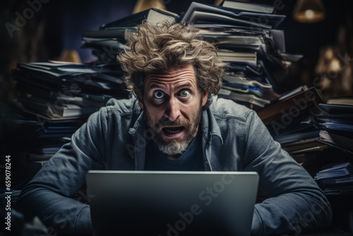 Stressed man madly working on laptop disheveled hair in chaos  photo