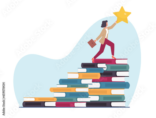 Books and knowledge help achieve goals and success, business lady climbs stacks of books to reach for star. Successful businesswoman learning. Cartoon flat style isolated vector concept