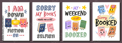Books characters with texts. Education motivation posters, different literary genres, animated volumes with cute funny faces, cards with lettering, cartoon flat isolated tidy vector cards set