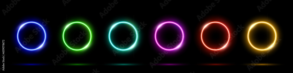 Obraz premium Neon round glow light frame collection on black background. Abstract cosmic color vector illustration. Set of blue, red, purple, green, yellow circles in futuristic technology style
