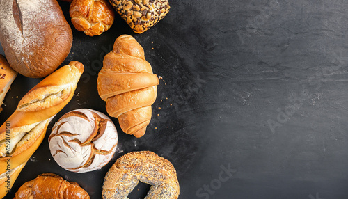Assortment of bread on black  table.