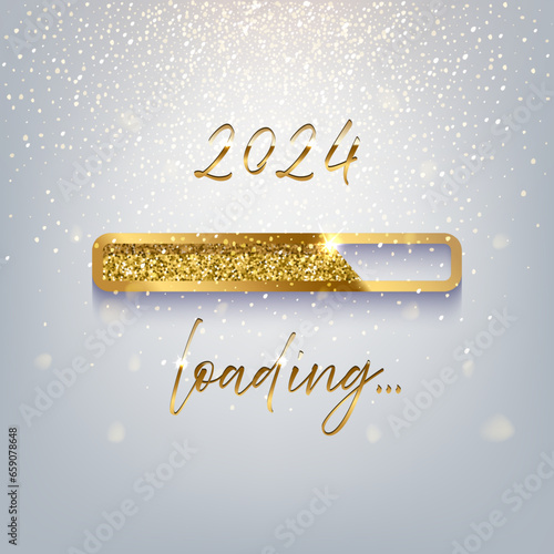 New Year golden loading bar vector illustration. 2024 Year progress with lettering. Party countdown, download screen. Invitation card, banner. Event, holiday expectation. Sparkling glitter background