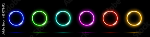 Neon round glow light frame collection on black background. Abstract cosmic color vector illustration. Set of blue, red, purple, green, yellow circles in futuristic technology style