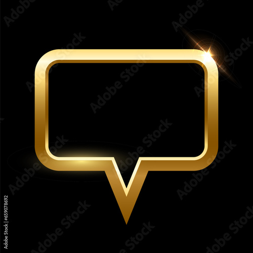 3D gold frame of speech bubble vector illustration. Realistic glossy golden balloon of social media chat on black background, elegant shiny dialog conversation cloud template with glow light effect