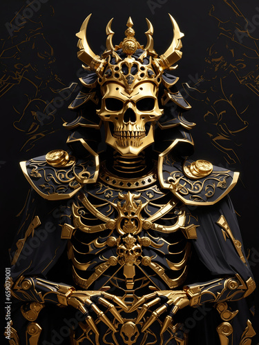 Wallpaper Mural A golden skeleton demon king with a horned helmet, crown, and intricate armor, set against a black background Torontodigital.ca