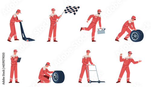 Cartoon racing engineers. Flat pit stop workers, cars mechanics in team uniform, professional technicians and engineers on extreme rally, driver crew on championship, nowaday vector set