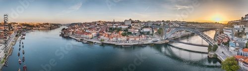 Drone panorama over the city of Porto and the Douro River at sunrise