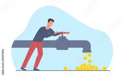 Concept of cash flow, man opening money faucet. Making profit, wealthy rich businessman, passive income and investing. Business profit from successful strategy. Cartoon flat vector illustration