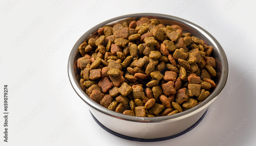 Dog food in bowl on the white background. 
