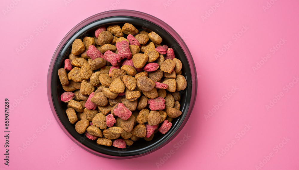 Dog food in bowl on the pink background.
Dog food in bowl on the pink background.