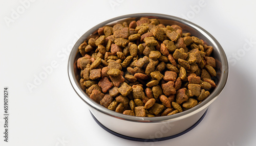 Dog food in bowl on the white background. 